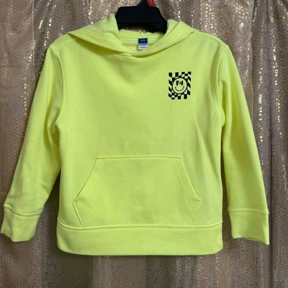 Old Navy Neon Yellow Happy Face Pullover Hoodie Boys Size Small 6-7